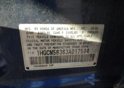 2003 Honda Accord 2.4 Lx из США, поврежденный, VIN 1HGCM56363A017594